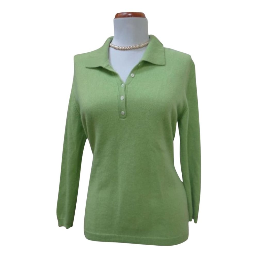 EUC - GENEVA Heather Green 100% Cashmere Polo Neck 3/4 Sleeve Sweater - Size L